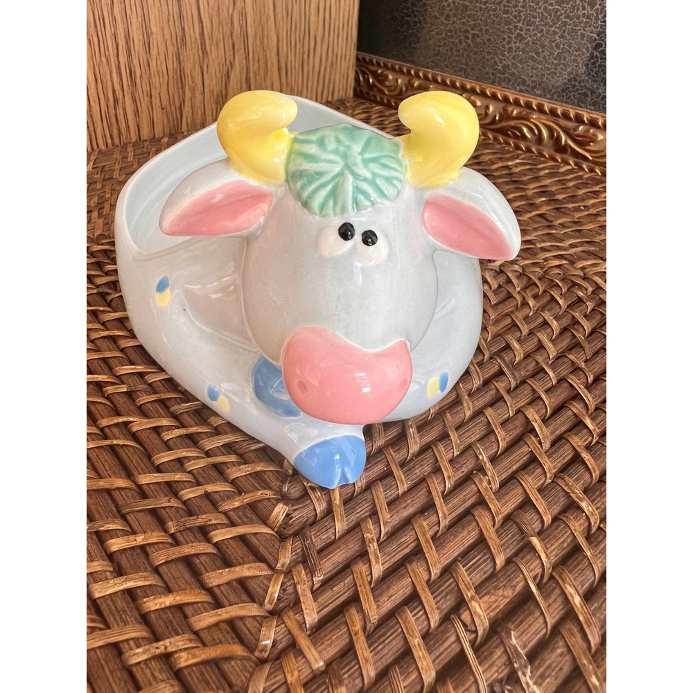 Vintage Fitz and Floyd 1985 Ceramic Cow Planter Trinket Dish Japan Blue Pastel